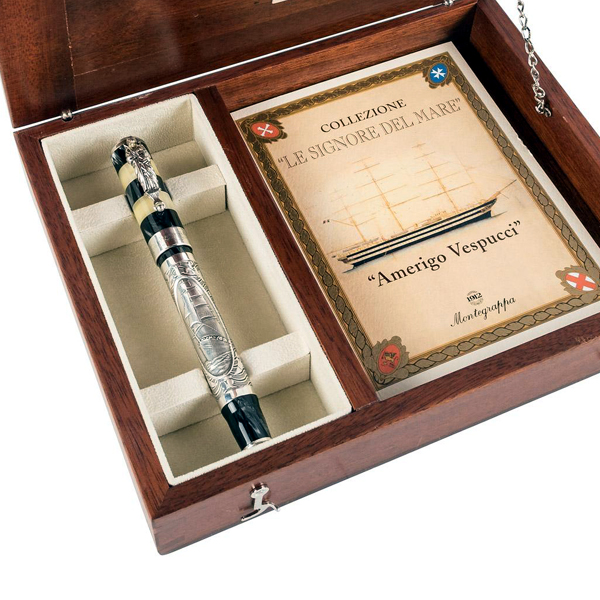 Silver limited edition Montegrappa Amerigo Vespucci fountain pen in the gift box.